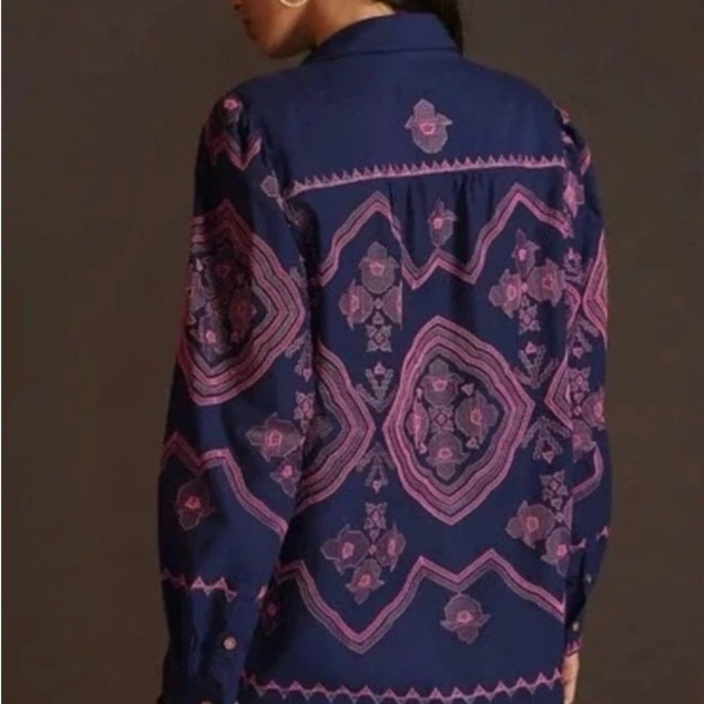 Anthropologie Floral Embroidered Relaxed Fit Cotton Button-Down Shirt Sz S Navy